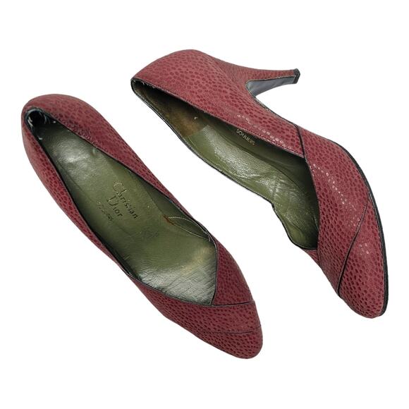CHRISTIAN DIOR Vintage Suede Pumps Embossed Snakeskin Maroon Leather Heel 7.5 AA - Picture 1 of 10